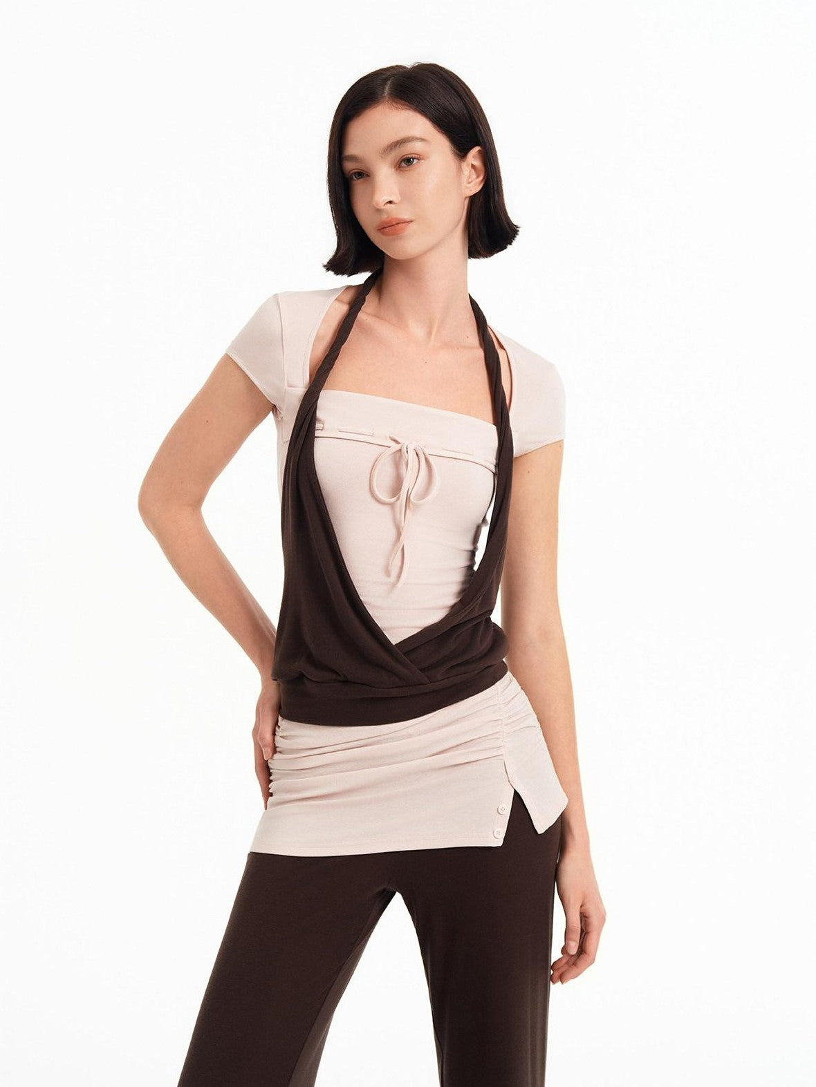 STRIKE A POSE Pink Brown Colorblock Faux Layered Women&
