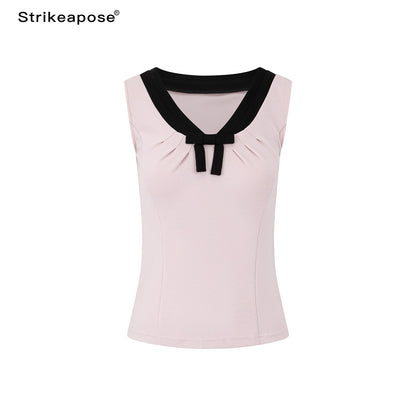 STRIKE_A_POSE_Pink_Colorblock_V-neck_Bow_Waist_Cinch_High_Stretch_Women&
