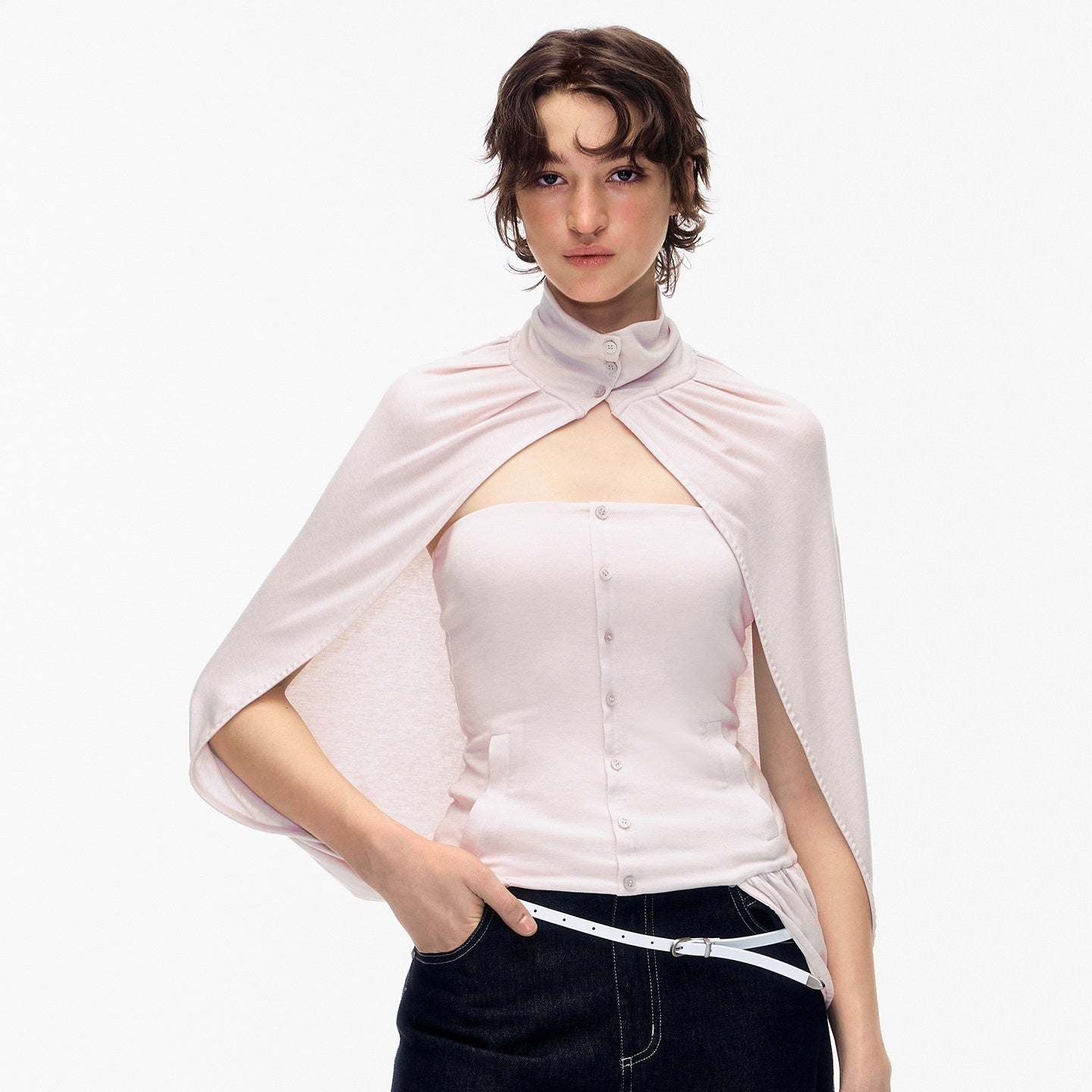STRIKE_A_POSE_Pink_Cropped_Detachable_Sleeve_Cape_High_Neck_Women&