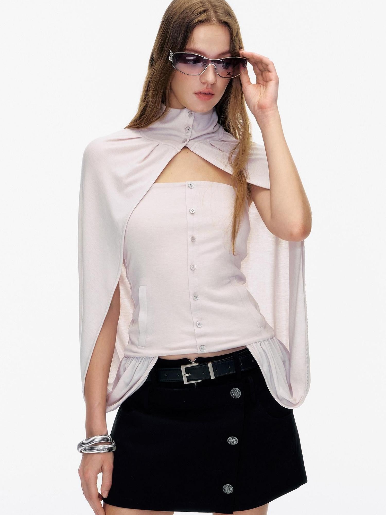 STRIKE A POSE Pink Cropped Detachable Sleeve Cape High Neck Women&