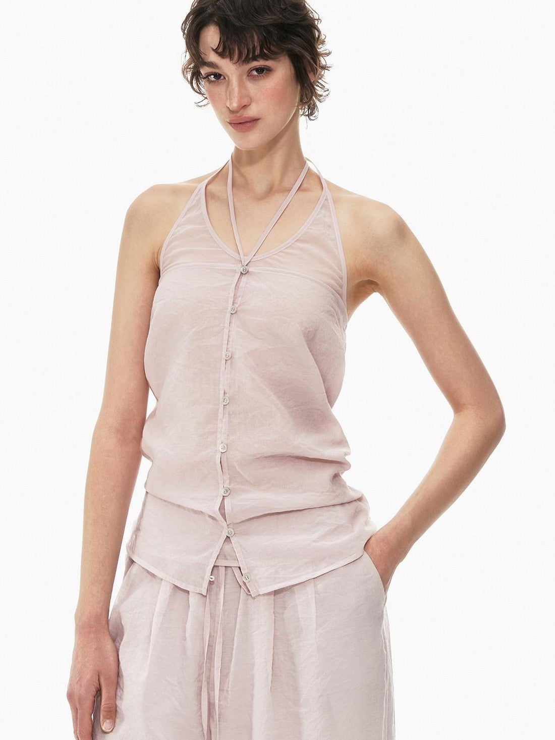 STRIKE A POSE Pink Halter Crop Vest Drawstring Balloon Pants Women&