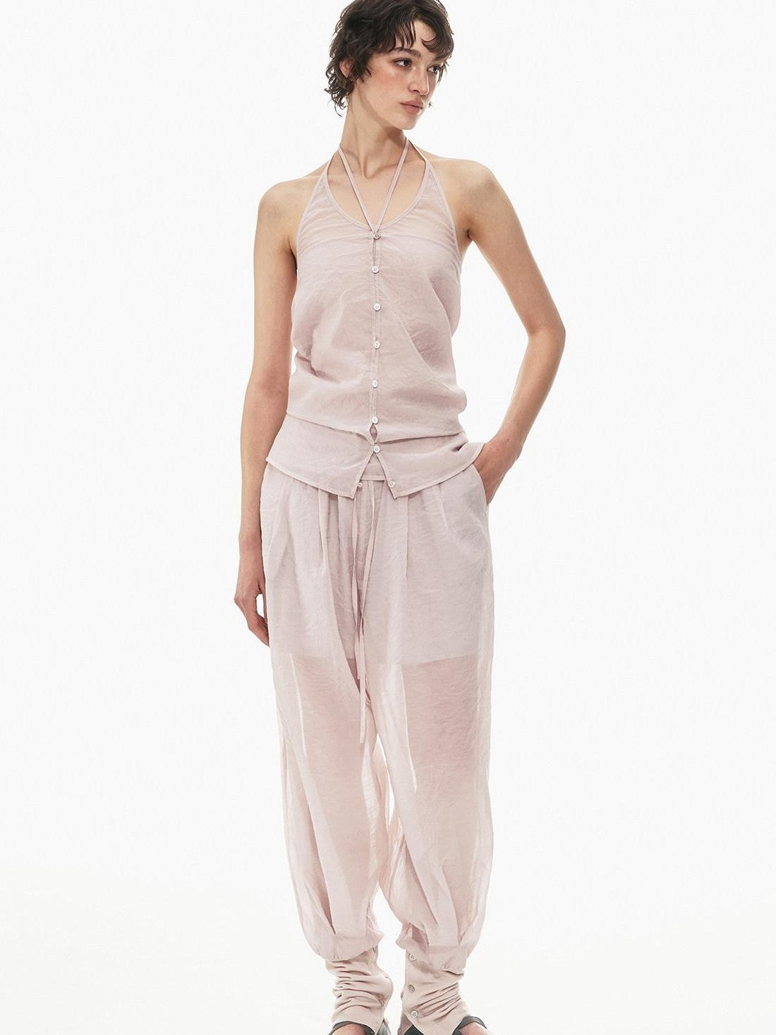 STRIKE A POSE Pink Halter Crop Vest Drawstring Balloon Pants Women&