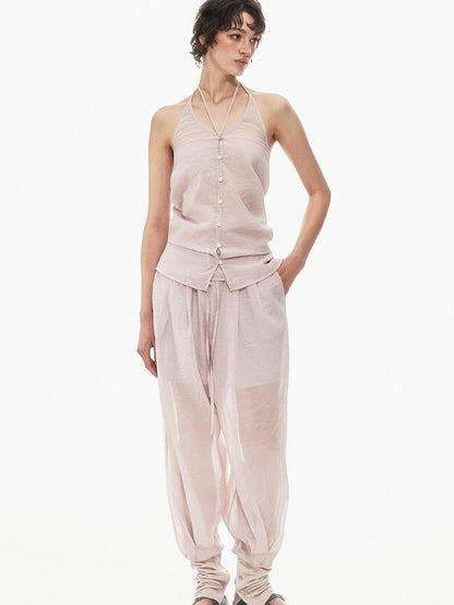 STRIKE A POSE Pink Halter Crop Vest Drawstring Balloon Pants Women&