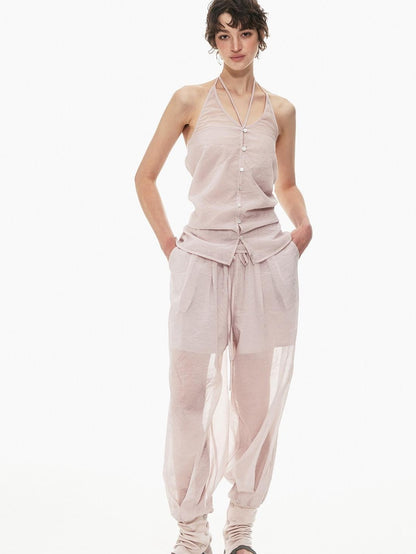 STRIKE A POSE Pink Halter Crop Vest Drawstring Balloon Pants Women&