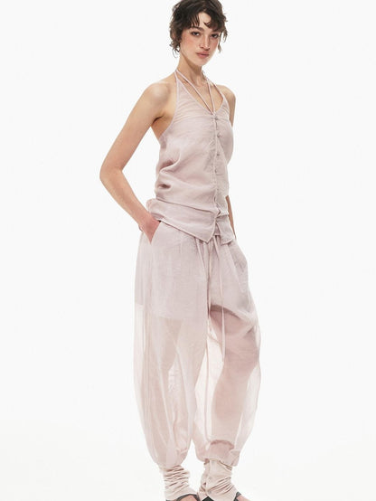 STRIKE A POSE Pink Halter Crop Vest Drawstring Balloon Pants Women&