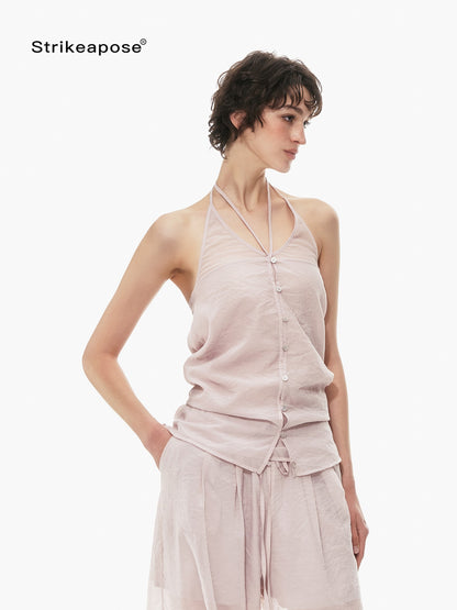 STRIKE A POSE Pink Halter Crop Vest Drawstring Balloon Pants Women&