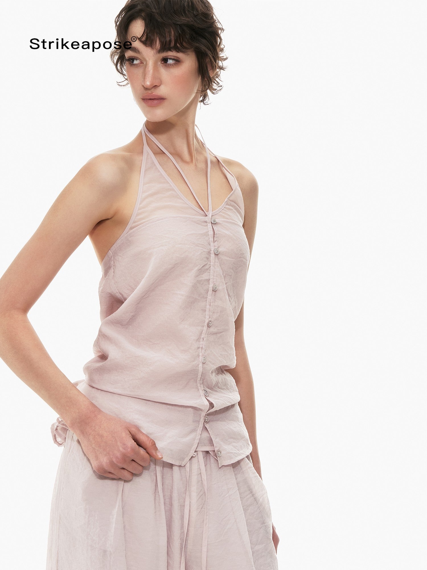 STRIKE A POSE Pink Halter Crop Vest Drawstring Balloon Pants Women&