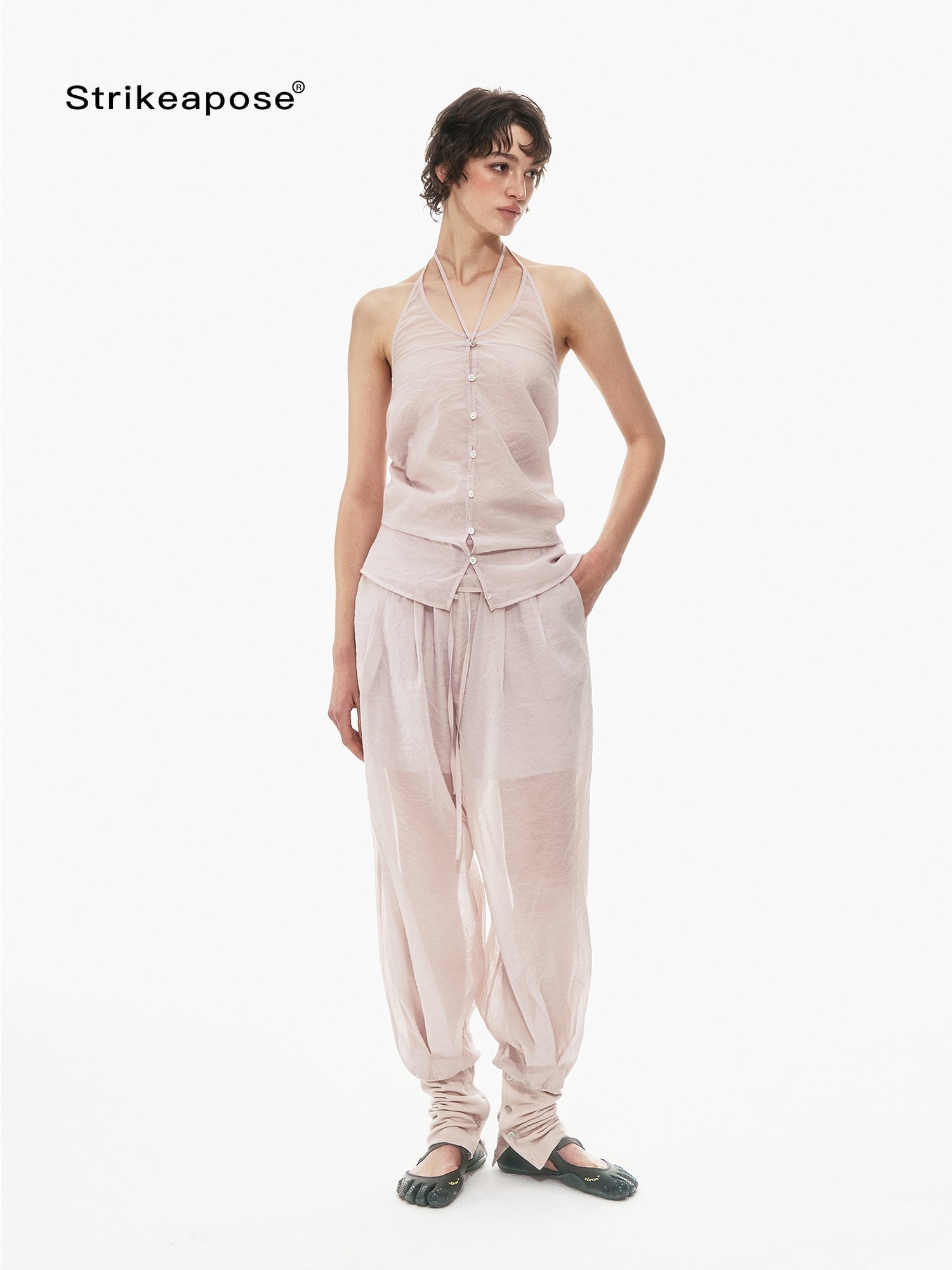STRIKE A POSE Pink Halter Crop Vest Drawstring Balloon Pants Women&