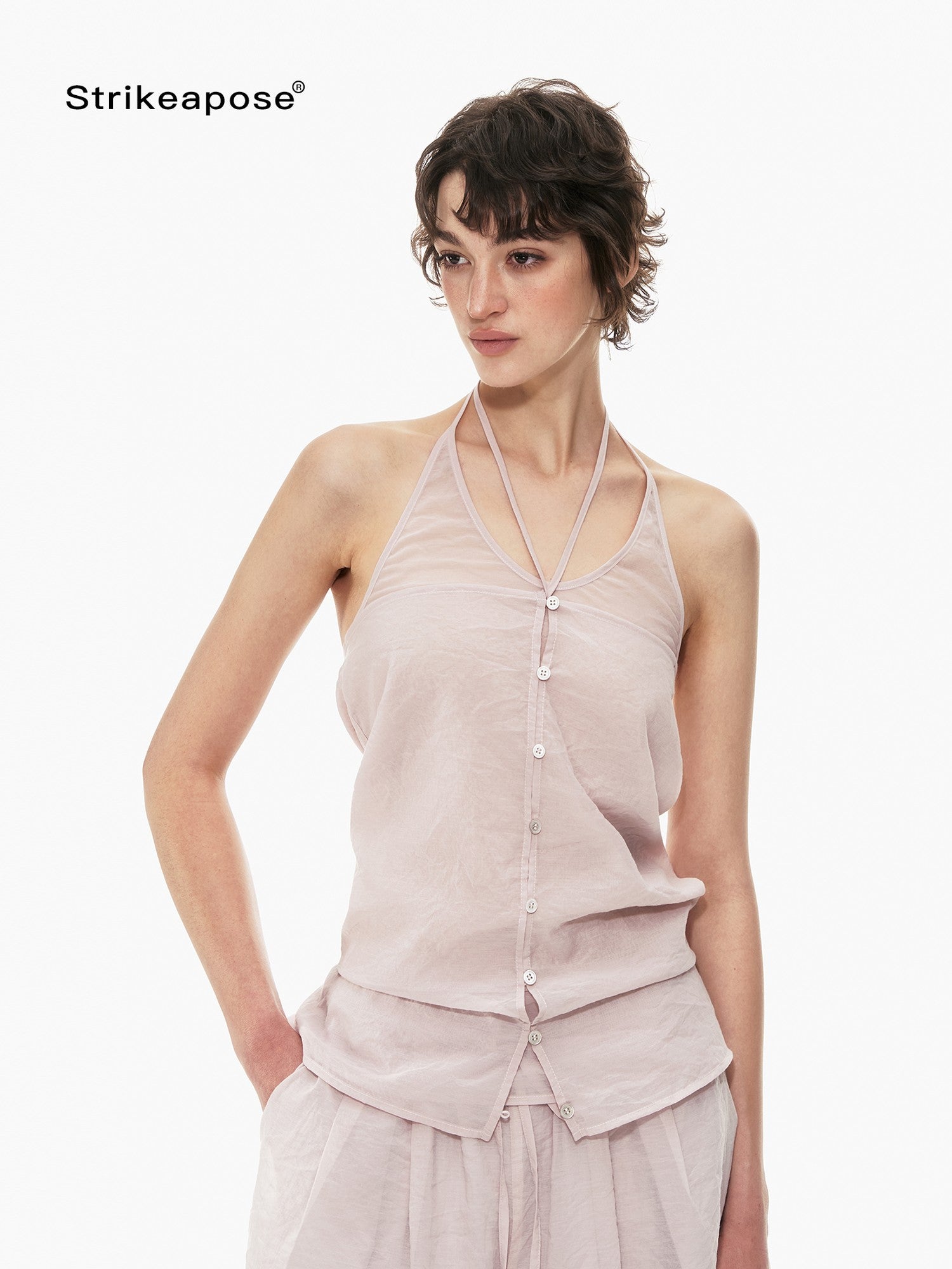 STRIKE A POSE Pink Halter Crop Vest Drawstring Balloon Pants Women&