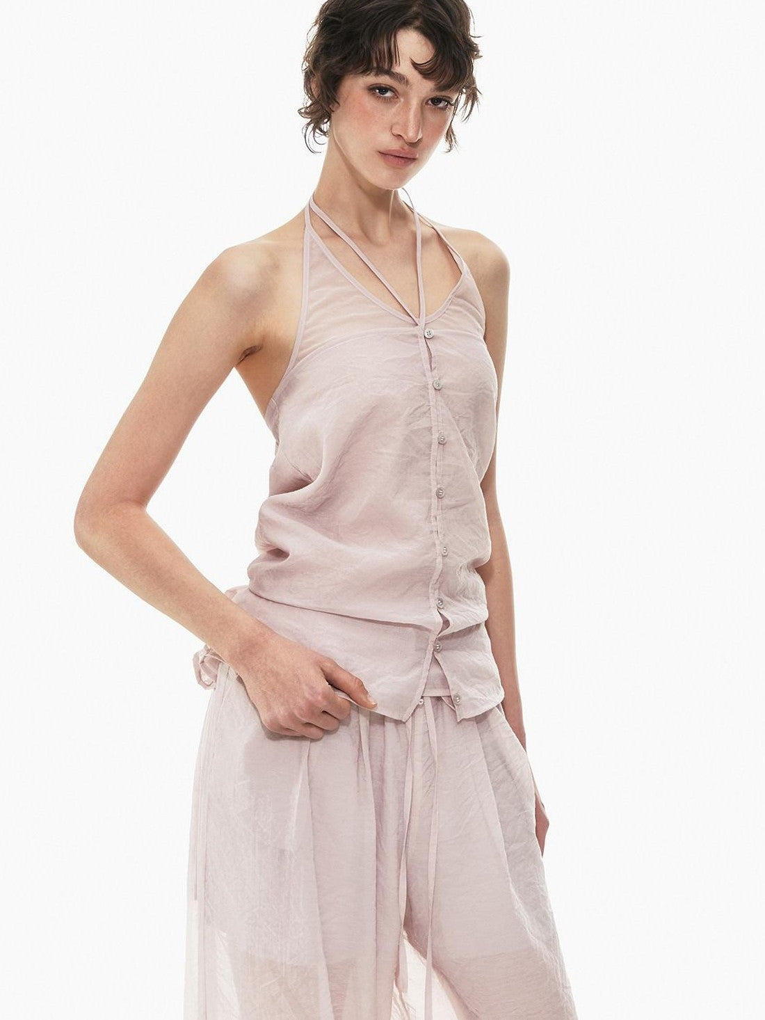 STRIKE A POSE Pink Halter Crop Vest Drawstring Balloon Pants Women&