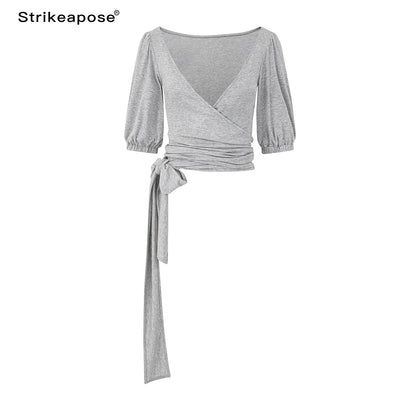 STRIKE_A_POSE_Pink_Heather_Gray_V-neck_Puff_Sleeve_Women&
