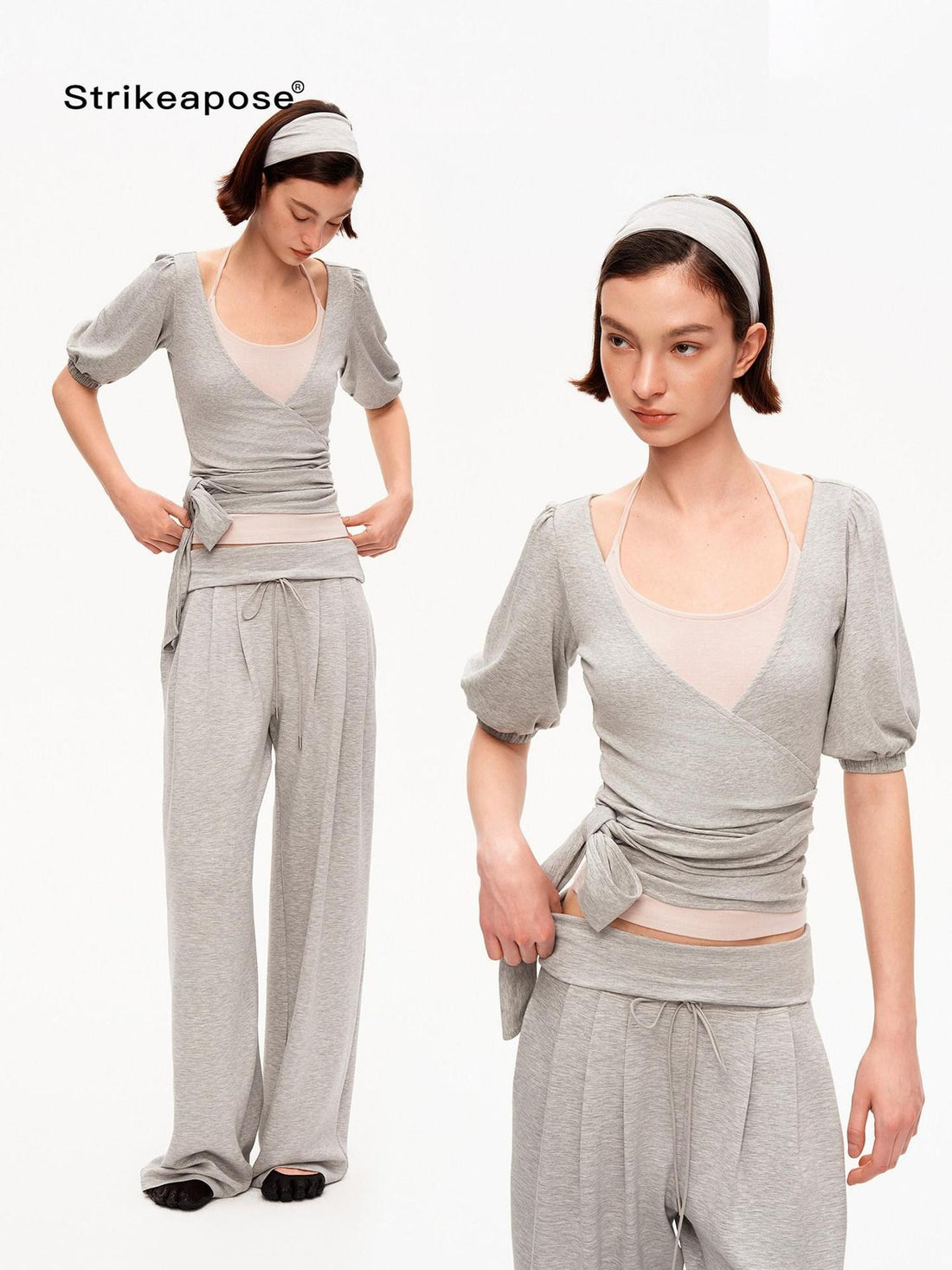 STRIKE A POSE Pink Heather Gray V-neck Puff Sleeve Women&