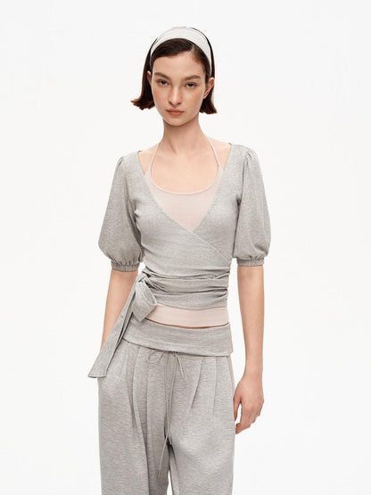 STRIKE A POSE Pink Heather Gray V-neck Puff Sleeve Women&