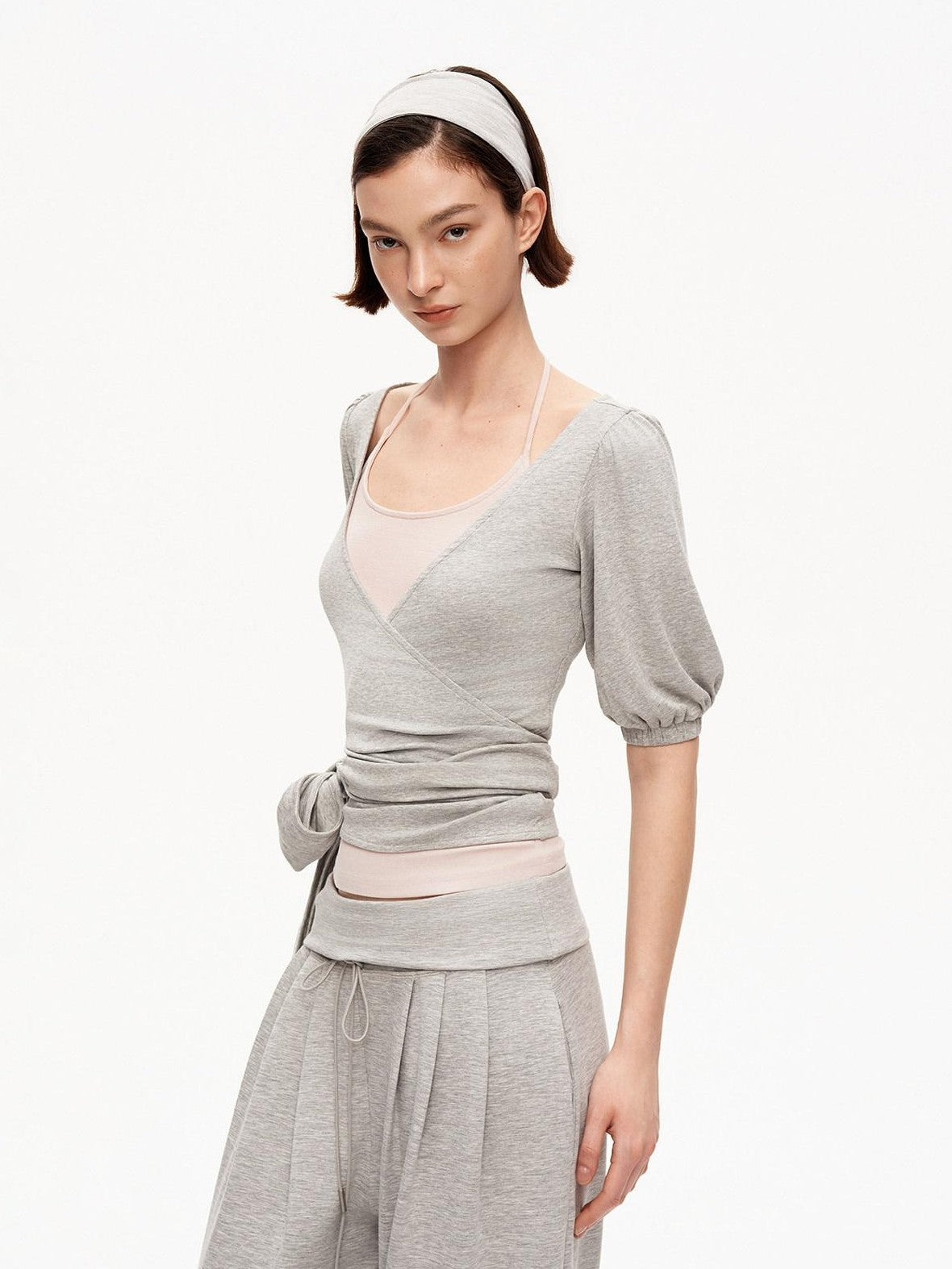 STRIKE A POSE Pink Heather Gray V-neck Puff Sleeve Women&