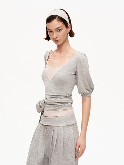 STRIKE A POSE Pink Heather Gray V-neck Puff Sleeve Women&