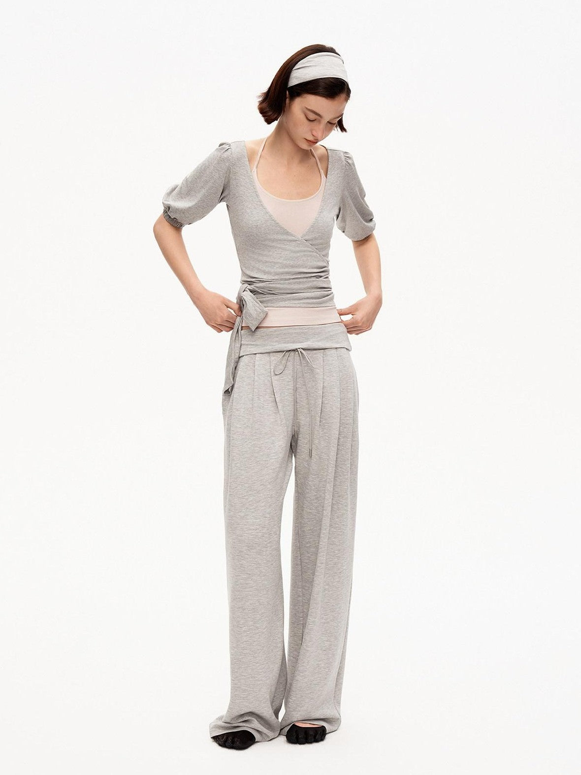 STRIKE A POSE Pink Heather Gray V-neck Puff Sleeve Women&