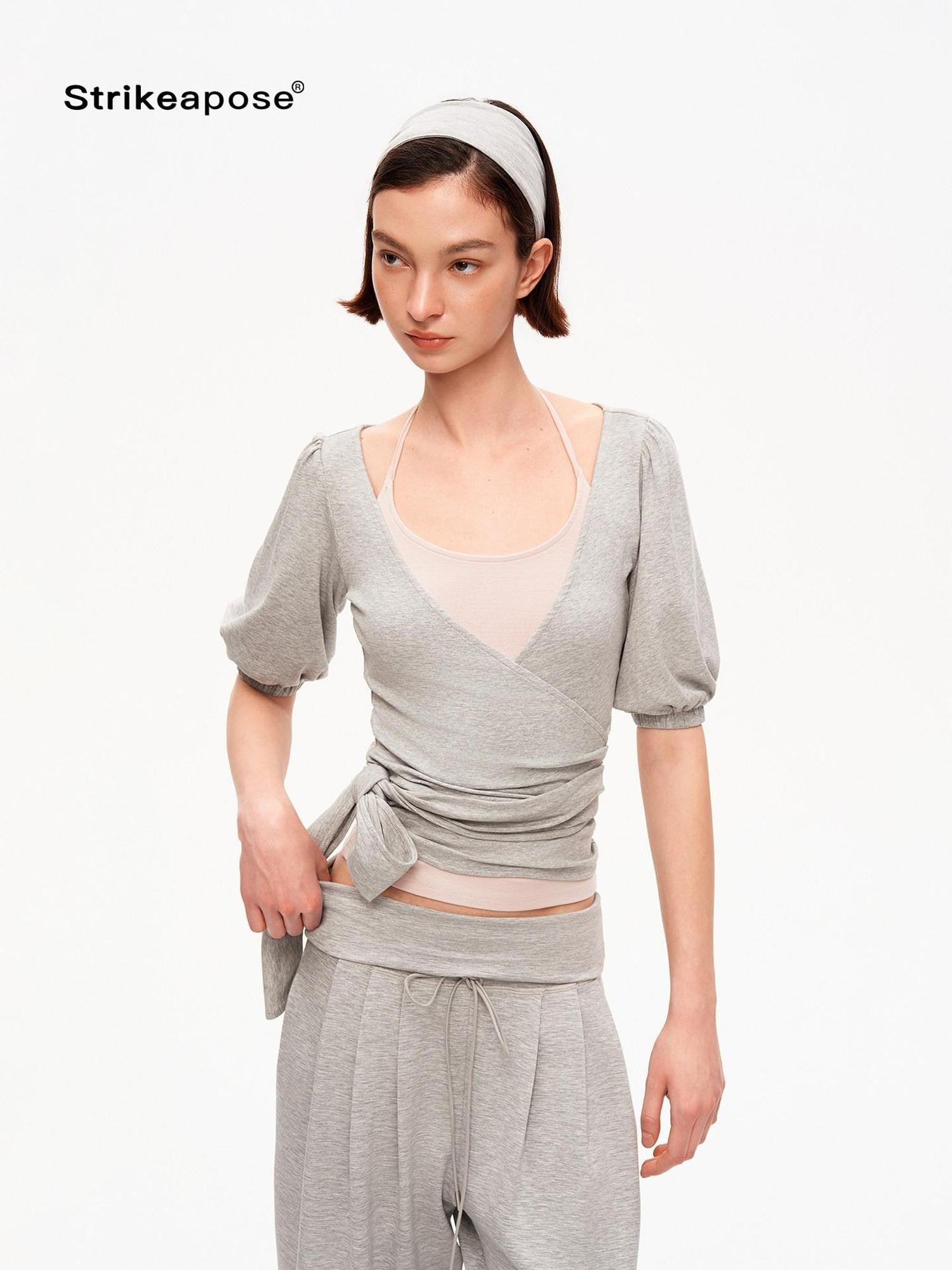 STRIKE A POSE Pink Heather Gray V-neck Puff Sleeve Women&