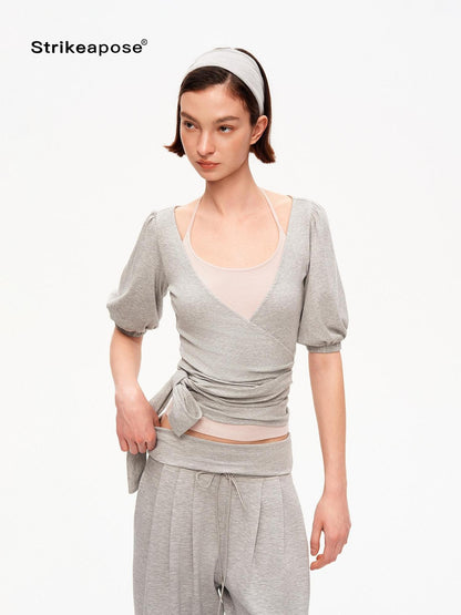 STRIKE A POSE Pink Heather Gray V-neck Puff Sleeve Women&