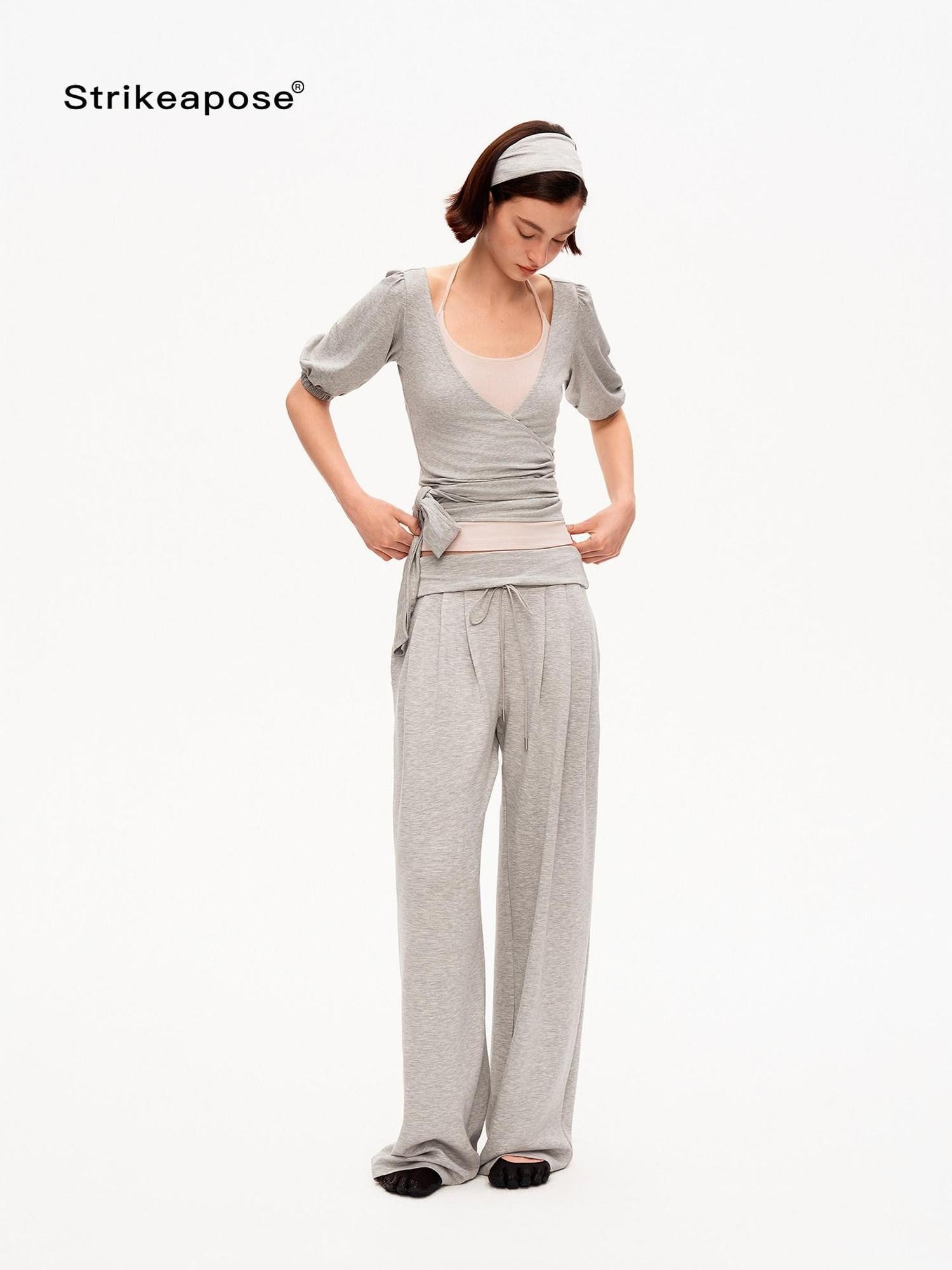 STRIKE A POSE Pink Heather Gray V-neck Puff Sleeve Women&