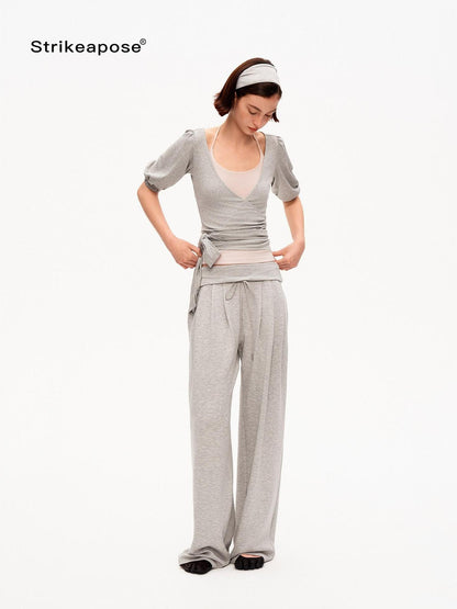 STRIKE A POSE Pink Heather Gray V-neck Puff Sleeve Women&