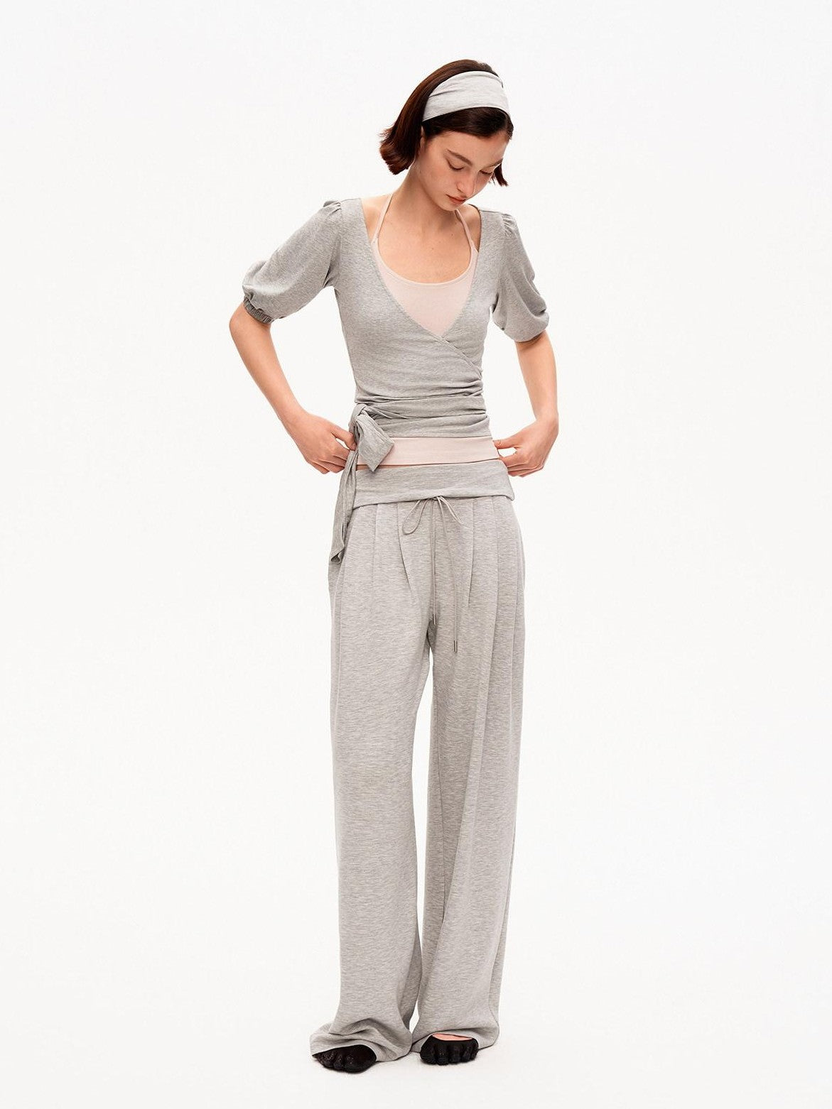 STRIKE A POSE Pink Heather Gray V-neck Puff Sleeve Women&