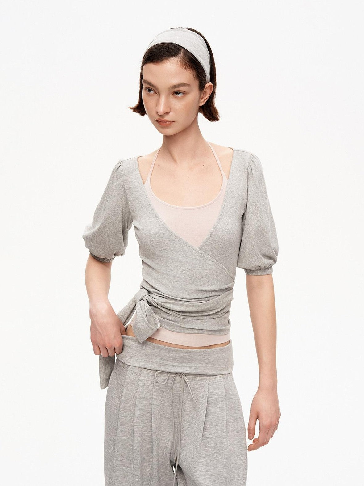 STRIKE A POSE Pink Heather Gray V-neck Puff Sleeve Women&