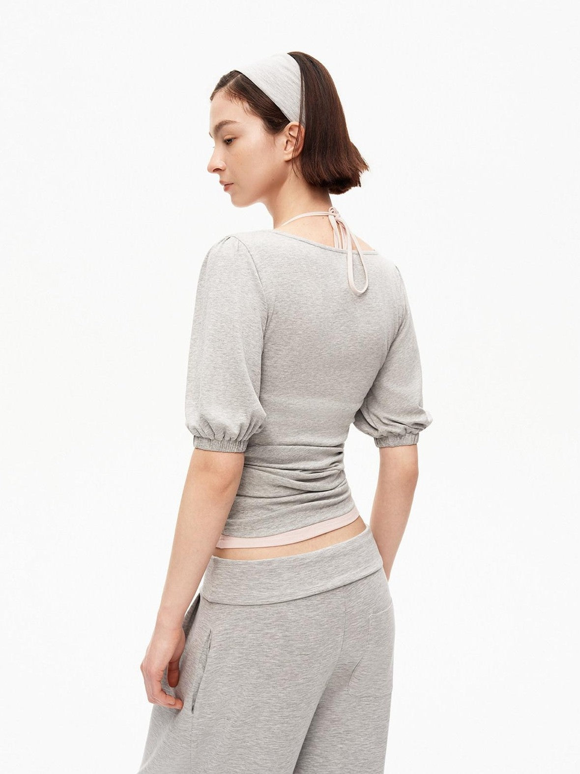 STRIKE A POSE Pink Heather Gray V-neck Puff Sleeve Women&