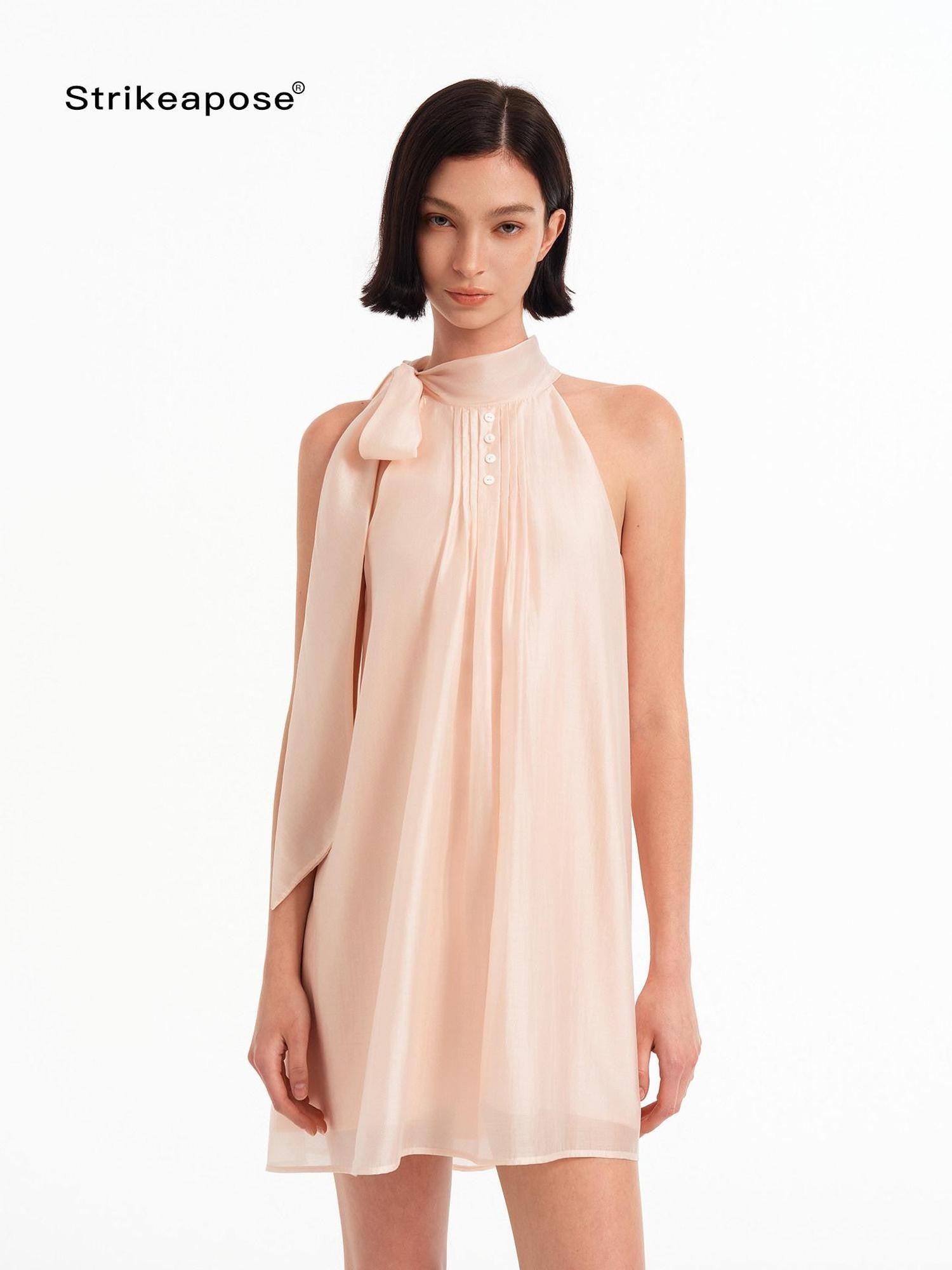 STRIKE A POSE Pink High Neck Ribbon Shell Button A Line Women&