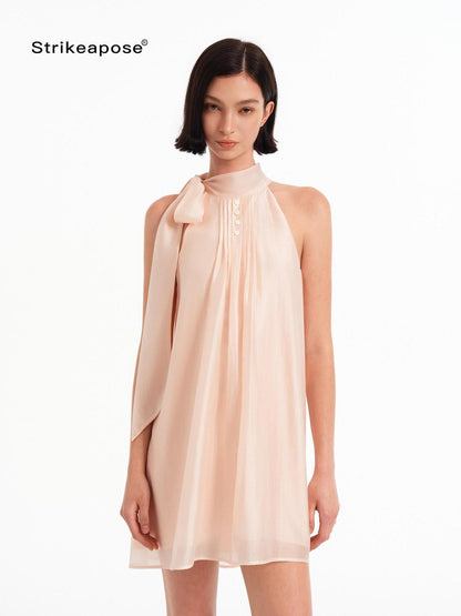 STRIKE A POSE Pink High Neck Ribbon Shell Button A Line Women&