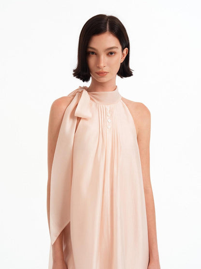 STRIKE A POSE Pink High Neck Ribbon Shell Button A Line Women&
