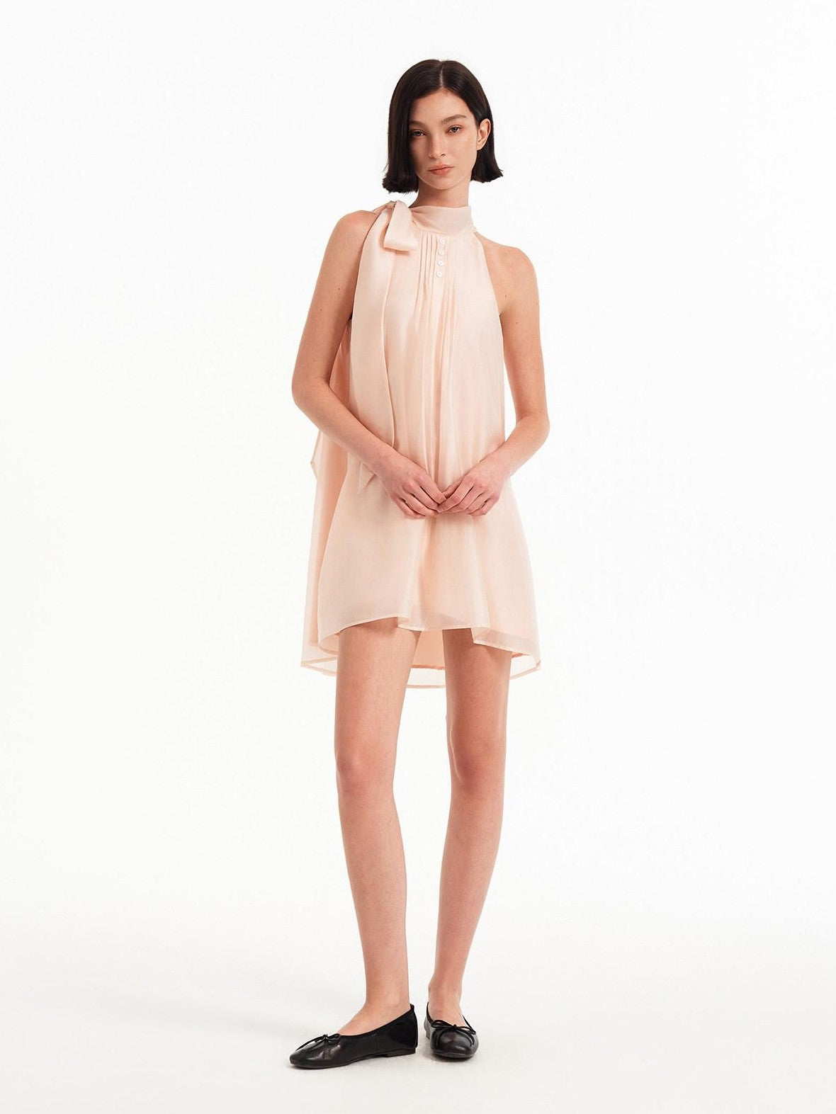 STRIKE A POSE Pink High Neck Ribbon Shell Button A Line Women&