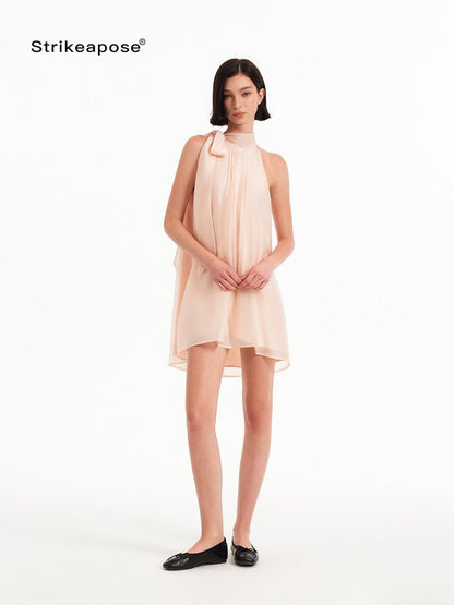 STRIKE A POSE Pink High Neck Ribbon Shell Button A Line Women&