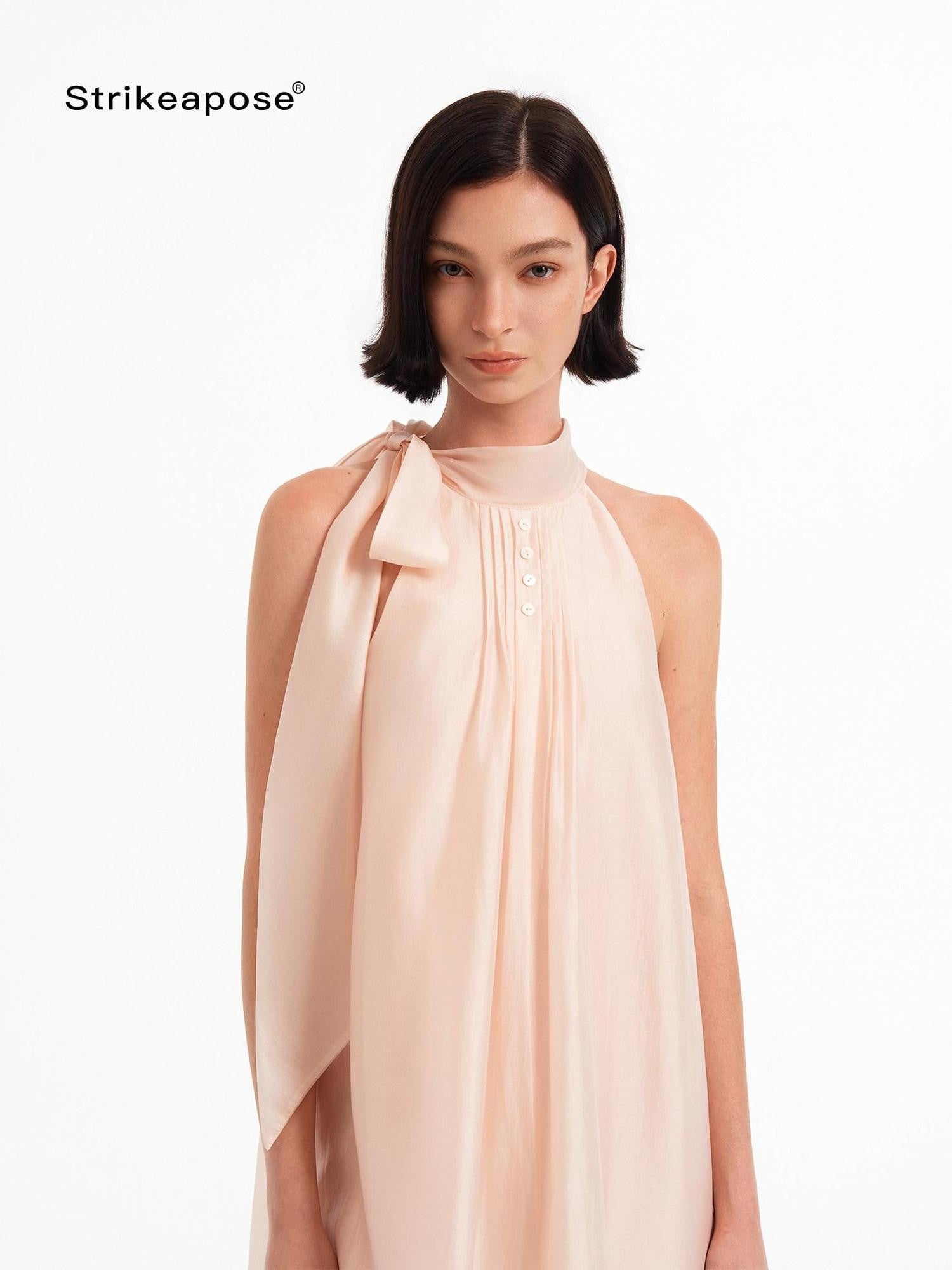 STRIKE A POSE Pink High Neck Ribbon Shell Button A Line Women&