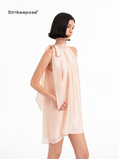 STRIKE A POSE Pink High Neck Ribbon Shell Button A Line Women&