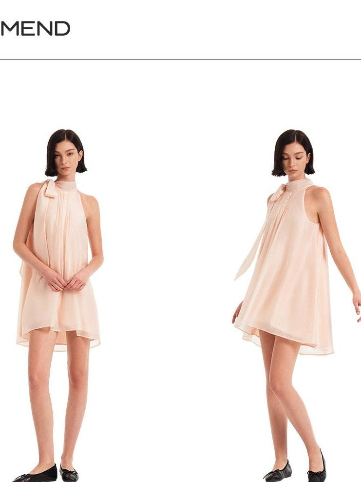 STRIKE A POSE Pink High Neck Ribbon Shell Button A Line Women&