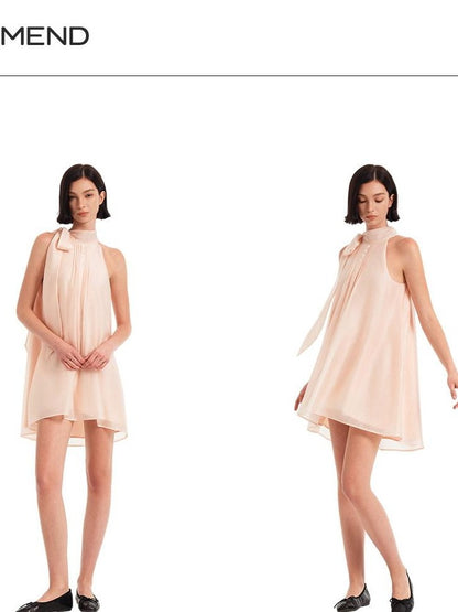 STRIKE A POSE Pink High Neck Ribbon Shell Button A Line Women&