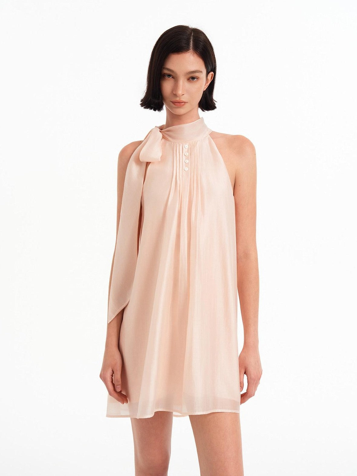 STRIKE A POSE Pink High Neck Ribbon Shell Button A Line Women&