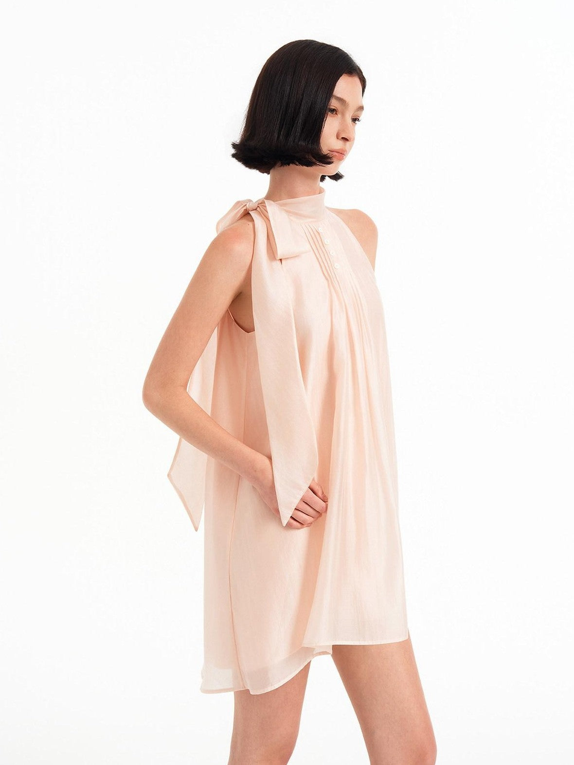 STRIKE A POSE Pink High Neck Ribbon Shell Button A Line Women&