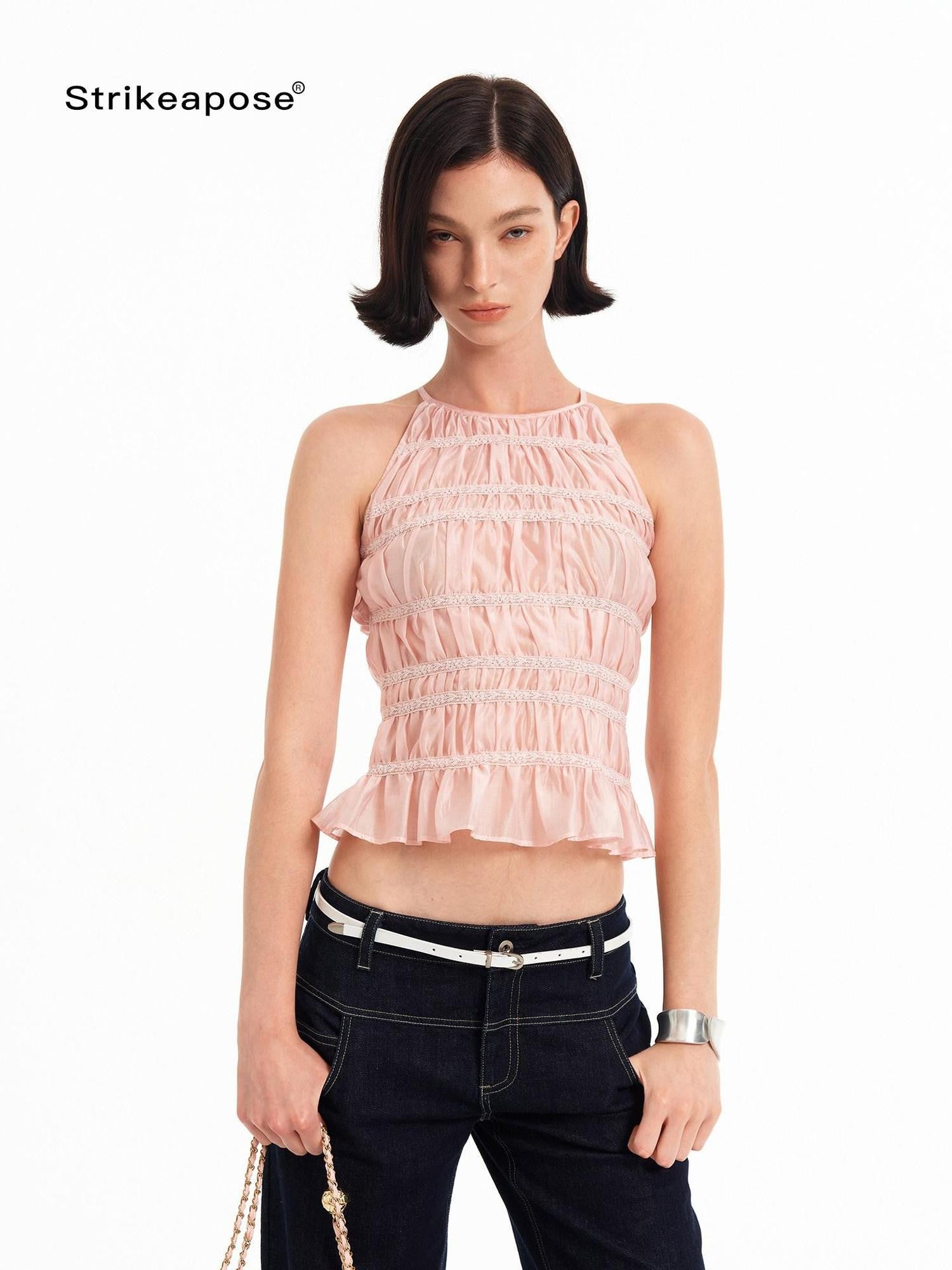 STRIKE A POSE Pink Lace Paneled Waist Cinched Cropped Women&