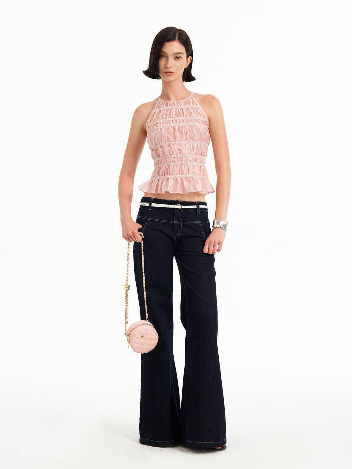 STRIKE A POSE Pink Lace Paneled Waist Cinched Cropped Women&