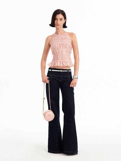 STRIKE A POSE Pink Lace Paneled Waist Cinched Cropped Women&