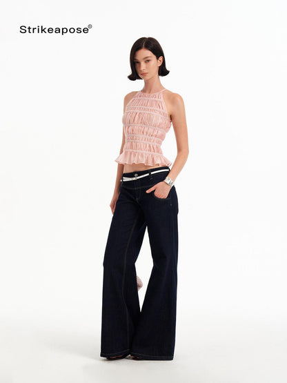 STRIKE A POSE Pink Lace Paneled Waist Cinched Cropped Women&
