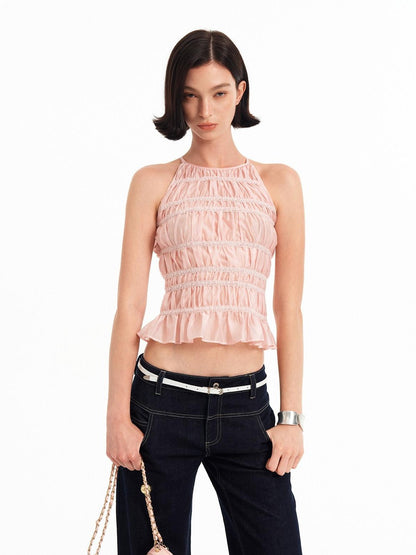 STRIKE A POSE Pink Lace Paneled Waist Cinched Cropped Women&