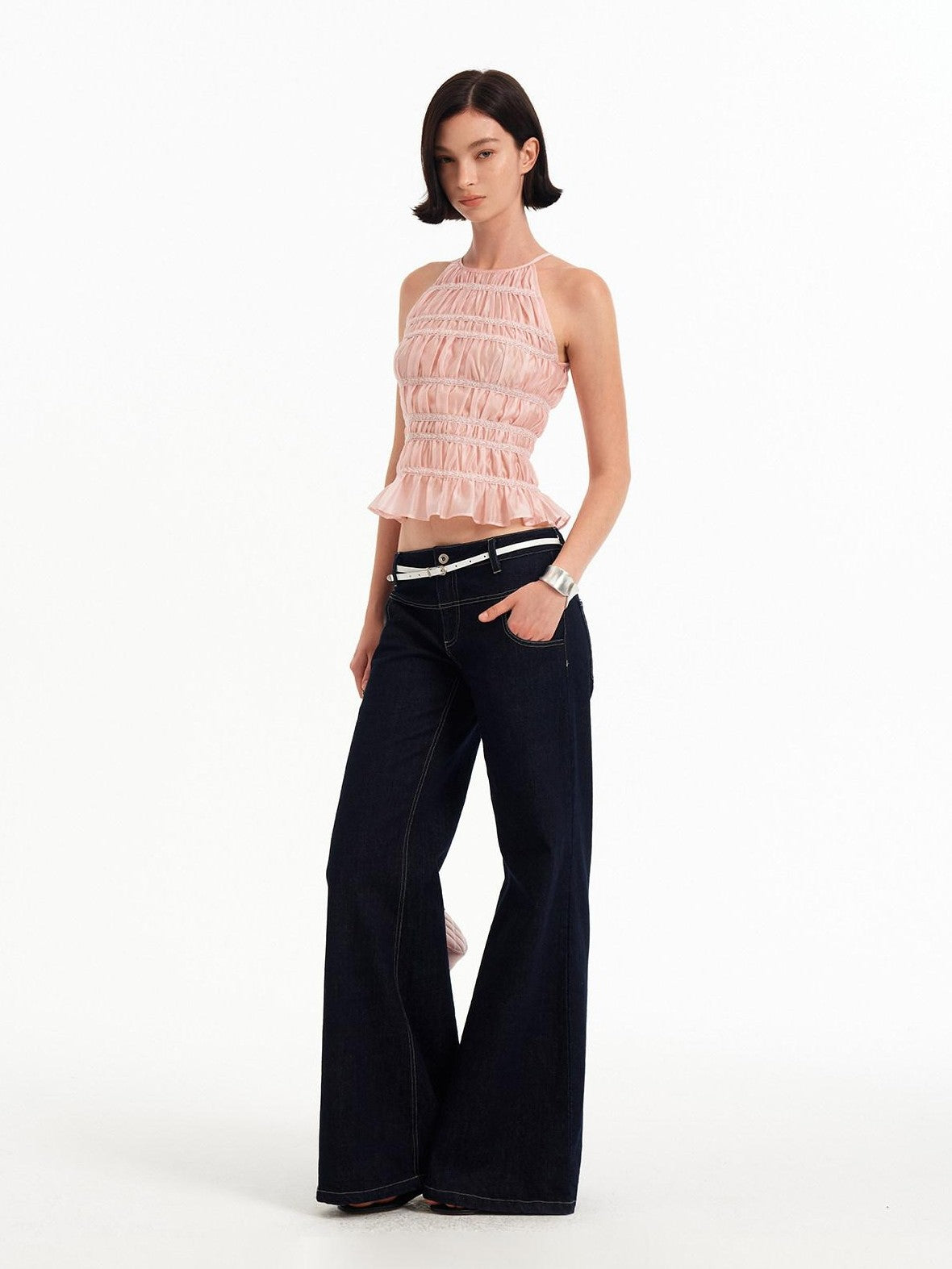 STRIKE A POSE Pink Lace Paneled Waist Cinched Cropped Women&