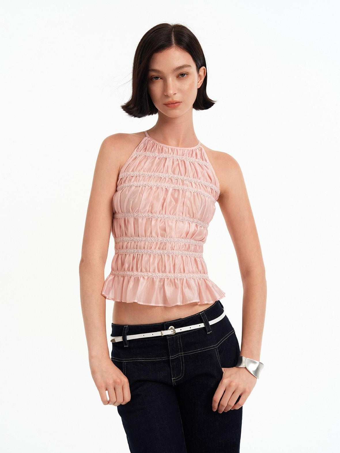 STRIKE A POSE Pink Lace Paneled Waist Cinched Cropped Women&