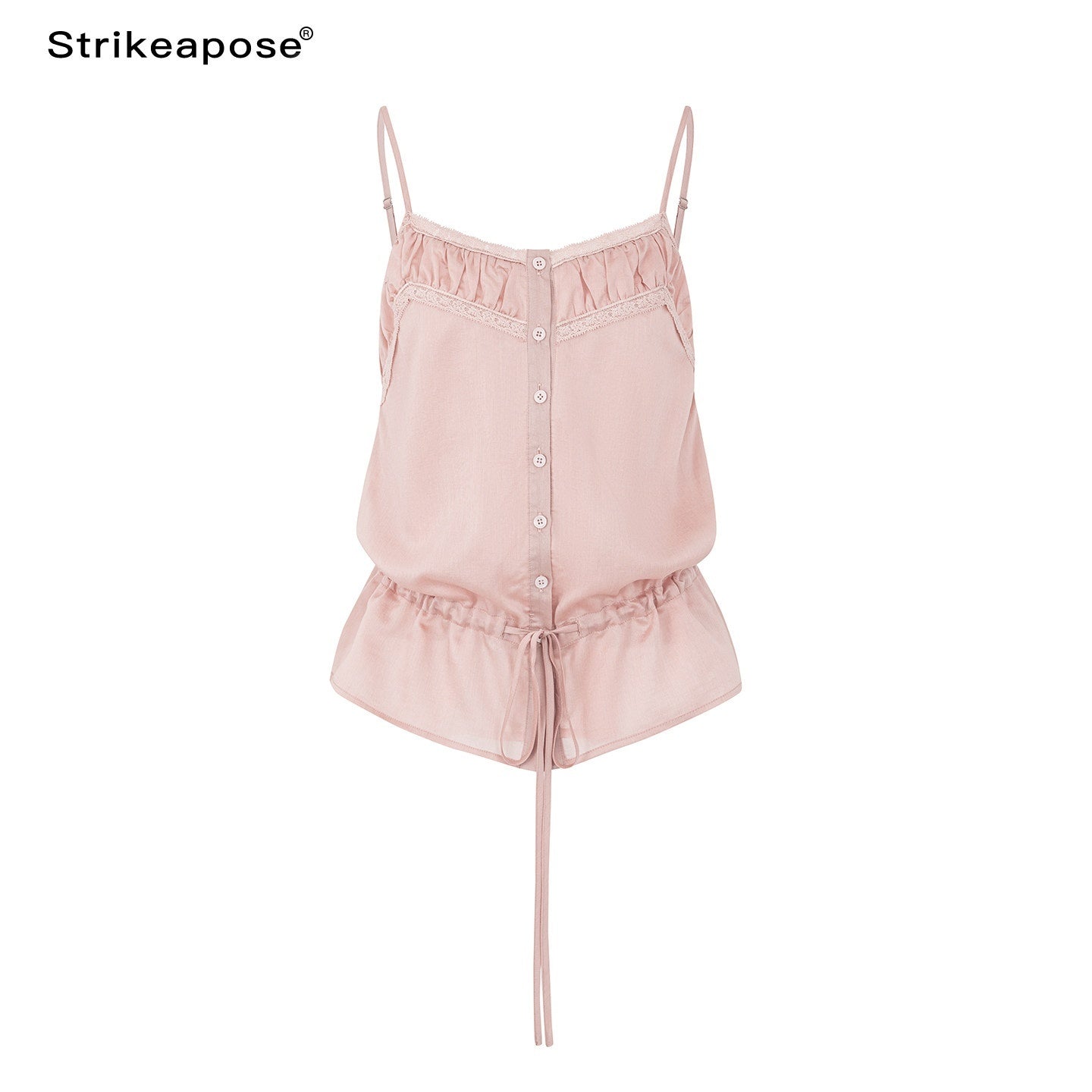 STRIKE_A_POSE_Pink_Lace_Trim_Drawstring_Buttoned_Gathered_Women&