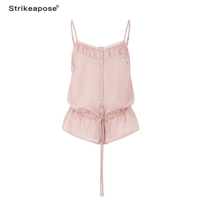 STRIKE_A_POSE_Pink_Lace_Trim_Drawstring_Buttoned_Gathered_Women&
