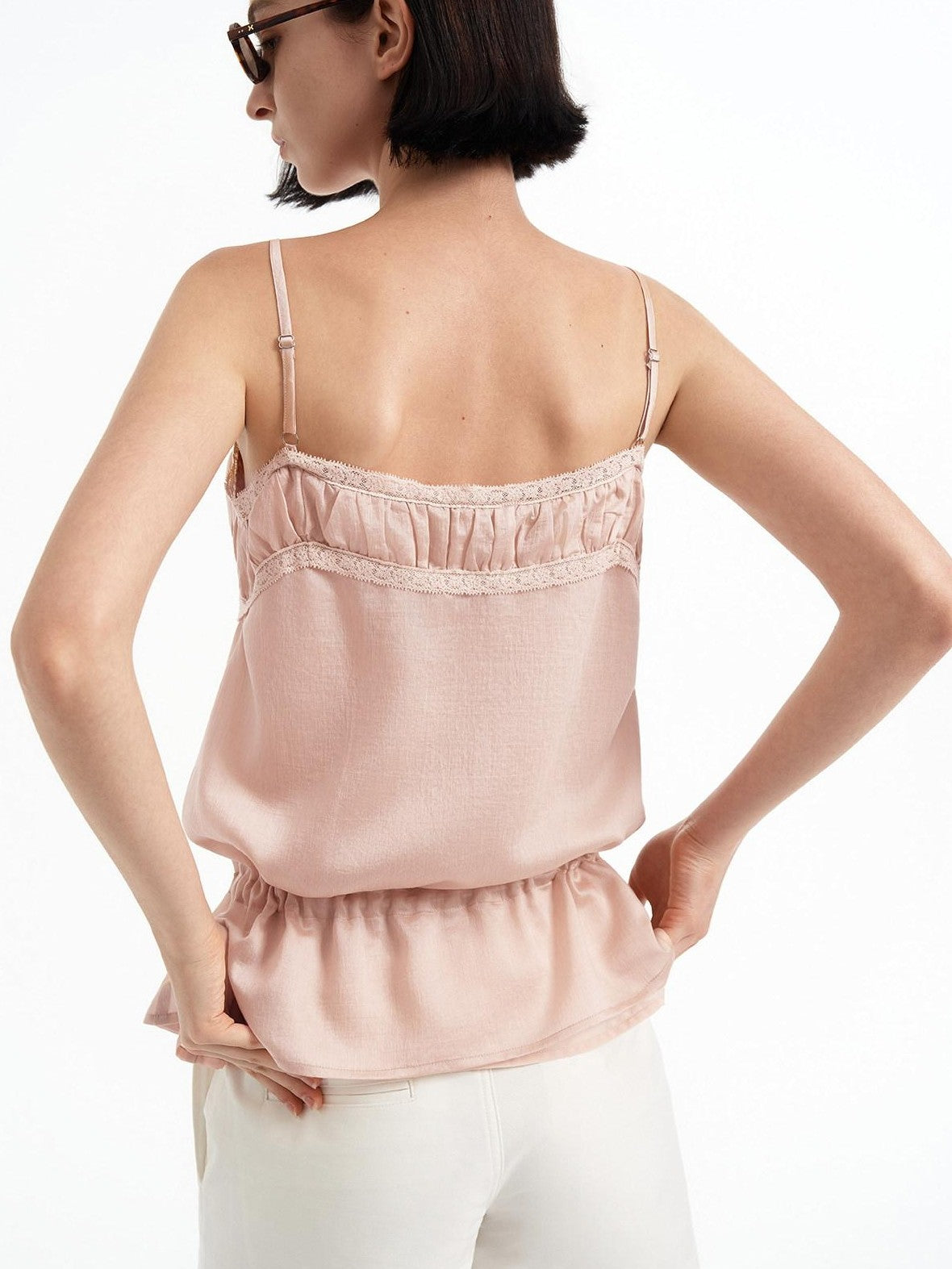 STRIKE A POSE Pink Lace Trim Drawstring Buttoned Gathered Women&