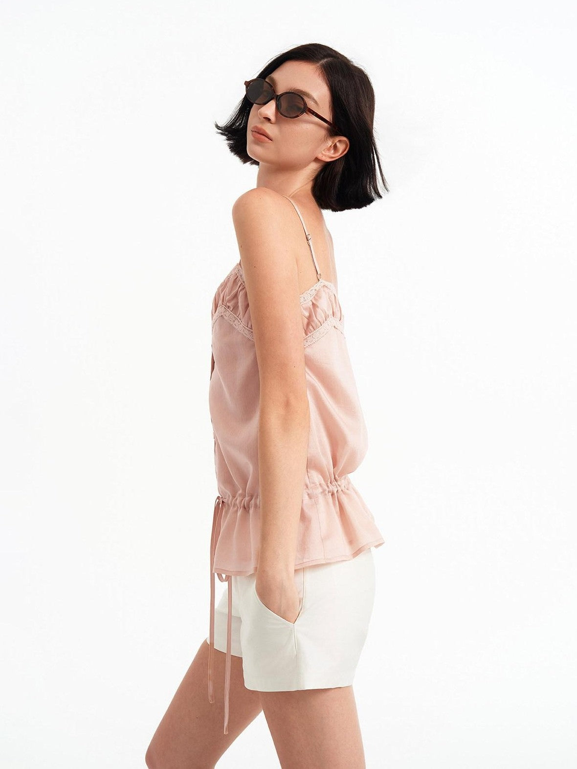 STRIKE A POSE Pink Lace Trim Drawstring Buttoned Gathered Women&