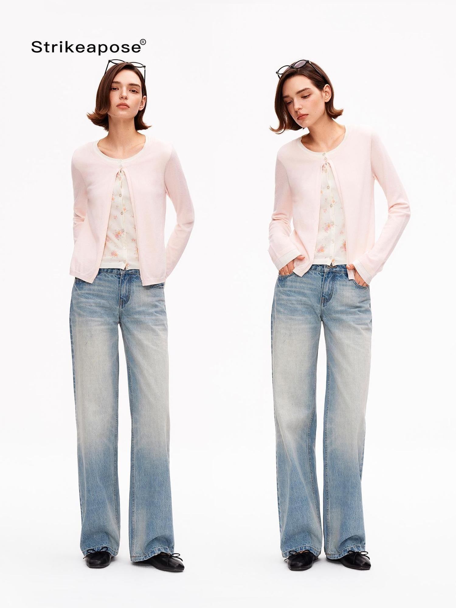 STRIKE A POSE Pink Layered Look Contrast Rib Knit Cropped Loose Women&